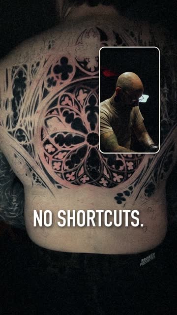 Picture-in-picture frame: a finished back piece with the artist tattooing in an inset, captioned No Shortcuts